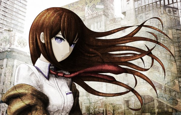 Anime picture 1200x760 with steins;gate white fox makise kurisu single long hair looking at viewer brown hair purple eyes wind open clothes open jacket girl shirt necktie building (buildings)