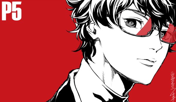 Anime picture 841x489 with persona 5 persona amamiya ren saitou rokuro single looking at viewer fringe short hair simple background wide image signed copyright name monochrome portrait red background boy glasses