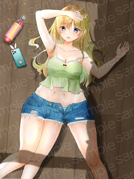 Anime picture 1817x2429 with original mellmellsmell single long hair tall image blush fringe highres breasts open mouth blue eyes light erotic blonde hair looking away cleavage lying blunt bangs from above on back watermark