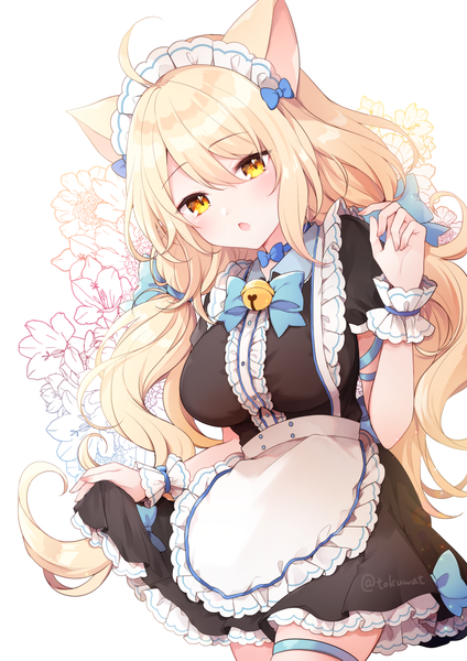 Anime picture 827x1169 with original fukunoki tokuwa single long hair tall image looking at viewer blush fringe breasts open mouth simple background blonde hair hair between eyes large breasts standing white background twintails holding animal ears yellow eyes