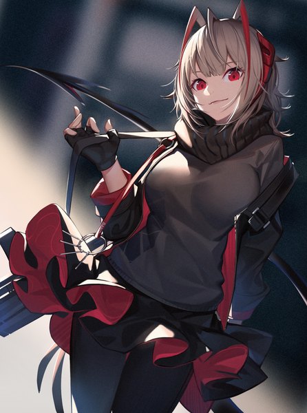 Anime picture 1785x2400 with arknights w (arknights) nian (zhanian) single tall image looking at viewer fringe highres short hair red eyes standing silver hair tail blunt bangs multicolored hair horn (horns) light smile open jacket two-tone hair demon girl