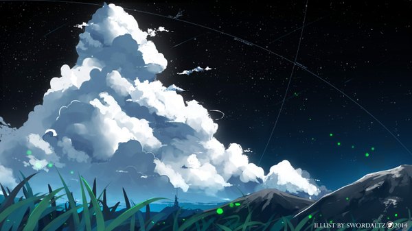 Аниме картинка 1366x768 с оригинальное изображение swordwaltz широкое изображение небо облако (облака) ночь гора (горы) пейзаж растение (растения) насекомое трава светлячки