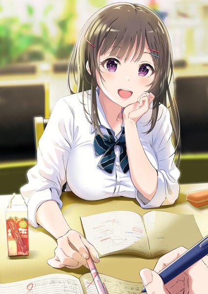 Anime picture 2894x4093 with original shiokazunoko long hair tall image looking at viewer blush fringe highres breasts open mouth smile brown hair sitting purple eyes holding payot indoors long sleeves head tilt :d