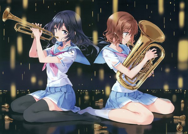 Anime picture 4892x3477 with hibike! euphonium kyoto animation kousaka reina oumae kumiko tiv long hair highres short hair black hair brown hair sitting purple eyes multiple girls brown eyes signed looking away absurdres full body profile no shoes