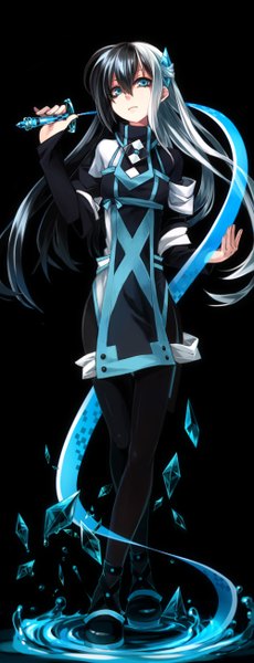 Anime picture 500x1300 with original kaida (artist) single long hair tall image looking at viewer blue eyes black hair simple background standing silver hair multicolored hair two-tone hair black background girl hair ornament weapon sword water katana