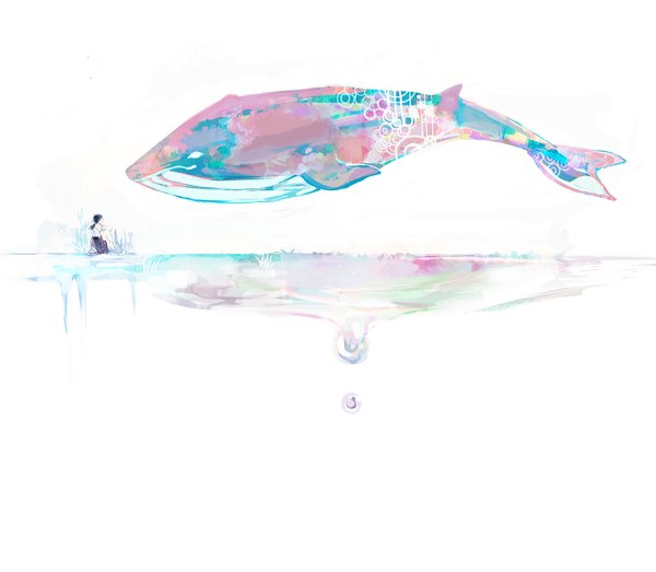 Anime picture 1570x1370 with original chou osamu blush short hair simple background white background sitting profile barefoot girl plant (plants) water serafuku whale