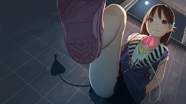 Anime picture 1920x1080 with original kagamine-ikka single long hair looking at viewer fringe highres light erotic wide image holding light smile from below mouth hold leg lift (legs lift) girl hair ornament ribbon (ribbons) hair ribbon shirt shoes