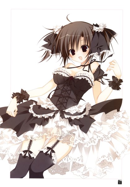 Anime picture 2446x3500 with ebiten anime international company todayama kyouko inugami kira single tall image highres short hair open mouth light erotic black hair black eyes scan girl thighhighs dress bow black thighhighs hair bow frills