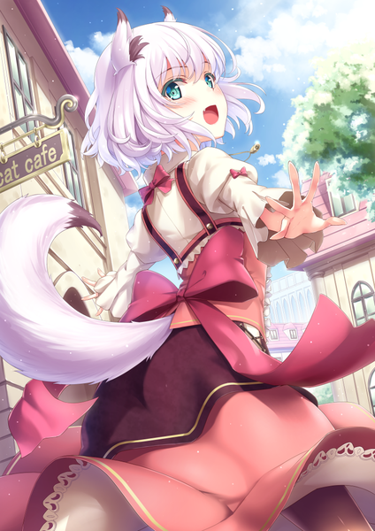 Anime picture 778x1100 with original yukikaze (siiver92zero) single tall image blush short hair open mouth blue eyes animal ears white hair tail animal tail fang (fangs) girl dress bow