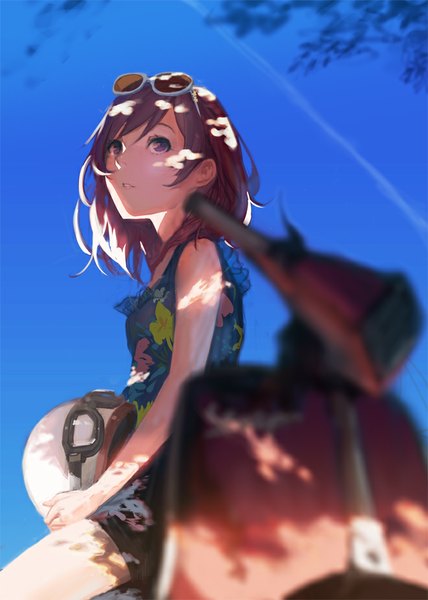 Anime picture 660x925 with love live! school idol project sunrise (studio) love live! nishikino maki ekao single tall image fringe short hair red eyes standing looking away sky outdoors red hair looking up sunglasses on head summer girl shorts