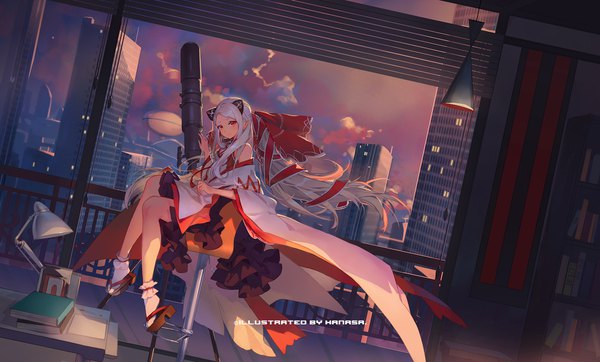 Anime picture 1848x1116 with forever 7th capital criin single long hair looking at viewer highres red eyes wide image sitting cloud (clouds) white hair pointy ears girl dress ribbon (ribbons) hair ribbon socks building (buildings) white socks telescope