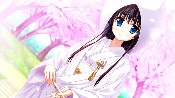 Anime picture 1280x720 with magical marriage lunatics!! mitsunotama yorihime yamakaze ran long hair looking at viewer blush blue eyes black hair smile wide image traditional clothes japanese clothes cherry blossoms girl plant (plants) tree (trees) kimono closed fan uchikake