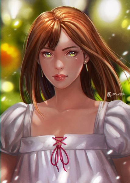 Anime-Bild 1000x1406 mit manusia-no-31 single long hair tall image looking at viewer brown hair green eyes signed wind lips blurry portrait girl earrings