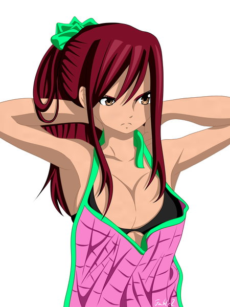 Anime picture 1024x1365 with fairy tail erza scarlet f4bl3-2 single long hair tall image breasts light erotic brown eyes ponytail red hair armpit (armpits) coloring transparent background arms behind head nearly naked apron girl bow hair bow apron
