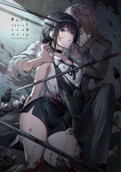 Anime picture 1488x2105 with chainsaw man mappa denji (chainsaw man) reze (chainsaw man) ekita xuan tall image looking at viewer blush fringe short hair breasts black hair blonde hair hair between eyes sitting green eyes signed eyes closed parted lips arm support