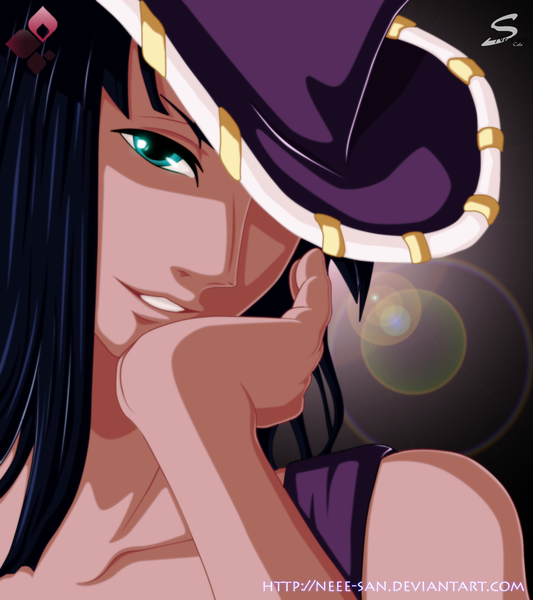 Anime picture 1333x1500 with one piece toei animation nico robin neee-san single long hair tall image black hair smile green eyes arm support coloring light close-up face girl pirate hat