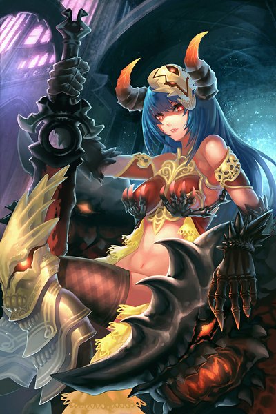 Anime picture 666x1000 with catwyz long hair tall image looking at viewer breasts light erotic sitting bare shoulders horn (horns) lips aqua hair orange eyes glowing glowing eye (eyes) glow mask on head girl thighhighs gloves navel