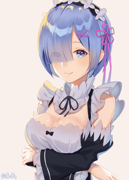 Anime picture 714x1000 with re:zero kara hajimeru isekai seikatsu white fox rem (re:zero) you06 single tall image looking at viewer blush fringe short hair breasts blue eyes light erotic simple background smile large breasts signed blue hair cleavage upper body