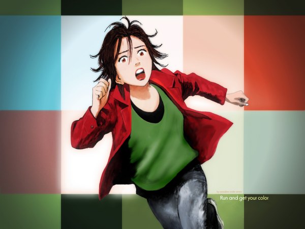 Anime picture 1600x1200 with 20th century boys single short hair open mouth brown hair brown eyes running girl jeans
