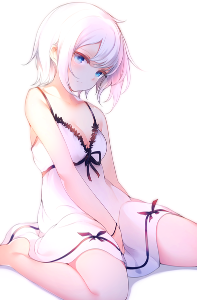 Anime picture 2292x3500 with original ringo-chan (otokuyou) otokuyou single tall image looking at viewer blush fringe highres short hair breasts blue eyes simple background hair between eyes white background sitting bare shoulders payot white hair barefoot