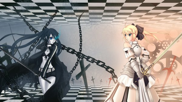 Anime picture 1920x1080 with fate (series) fate/stay night black rock shooter fate/unlimited codes vocaloid studio deen type-moon artoria pendragon (all) saber black rock shooter (character) highres wide image multiple girls checkered floor crossover battle checkered background girl 2 girls cross