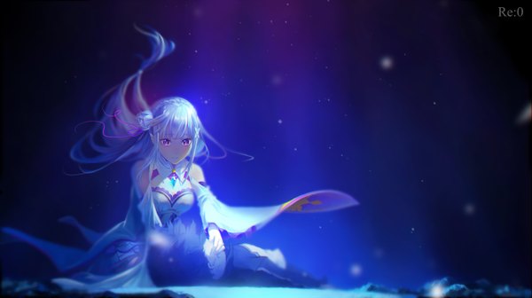 Anime picture 2646x1482 with re:zero kara hajimeru isekai seikatsu white fox emilia (re:zero) natsuki subaru long hair highres black hair wide image purple eyes looking away white hair lying hair flower dark background girl dress boy flower (flowers) white dress