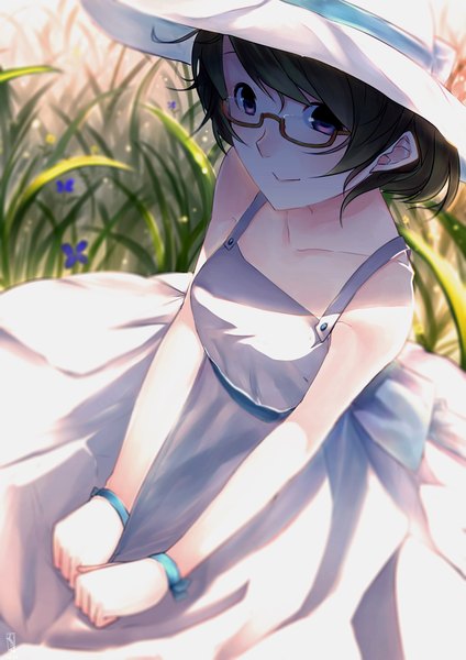 Anime picture 1414x2000 with love live! school idol project sunrise (studio) love live! koizumi hanayo junp single tall image looking at viewer short hair black hair smile purple eyes bare shoulders girl dress flower (flowers) plant (plants) hat glasses grass