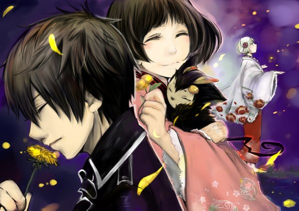 Anime picture 1214x859 with ao no exorcist a-1 pictures night (ao no exorcist) monaka short hair black hair smile brown hair multiple girls eyes closed traditional clothes japanese clothes barefoot grey hair hug happy purple background girl boy flower (flowers)