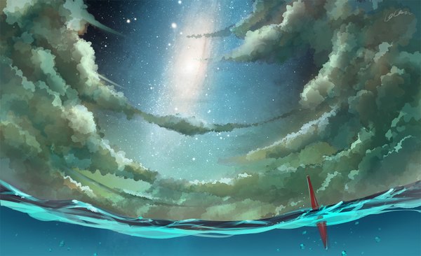 Anime picture 1800x1100 with original madcocoon highres wide image sky cloud (clouds) night sky scenic water sea star (stars)