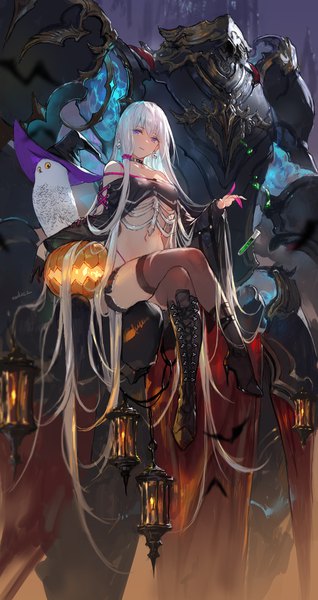 Anime picture 1595x3012 with original swd3e2 single tall image looking at viewer fringe breasts light erotic hair between eyes large breasts sitting purple eyes bare shoulders signed silver hair full body very long hair head tilt fingernails light smile