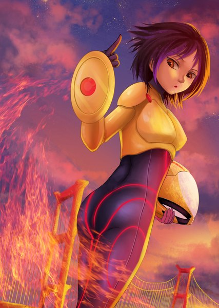 Anime picture 1425x2000 with big hero 6 disney gogo tomago (big hero 6) roland-gin (gin-1994) single tall image short hair black hair purple hair multicolored hair two-tone hair orange eyes girl suit flame
