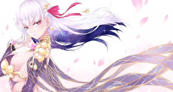 Anime picture 1731x926 with fate (series) fate/grand order kama (fate) a9 (repainter) single long hair highres breasts light erotic red eyes wide image large breasts silver hair upper body multicolored hair wind sideboob colored inner hair girl ribbon (ribbons)