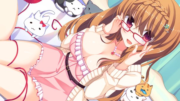 Anime picture 1280x720 with original kinoko5123 single long hair looking at viewer open mouth light erotic red eyes brown hair wide image cleavage adjusting glasses girl dress glasses toy stuffed animal
