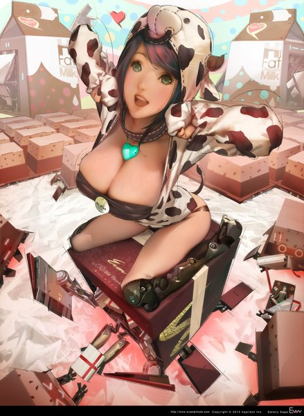 Anime-Bild 1463x2000 mit galaxy saga evanlee82 single tall image looking at viewer breasts open mouth light erotic brown hair large breasts sitting green eyes tail horn (horns) abstract girl underwear panties heart pendant