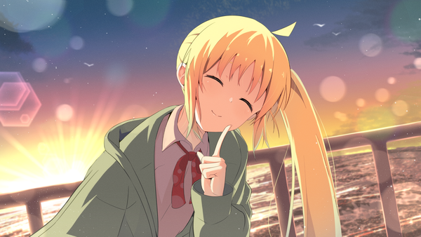 Anime picture 2040x1148 with bocchi the rock! cloverworks ijichi nijika cac itinose single long hair highres blonde hair smile wide image upper body ahoge outdoors eyes closed head tilt lens flare side ponytail evening sunset ^ ^
