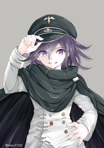 Anime picture 834x1179 with dangan ronpa new danganronpa v3 ouma kokichi mizutama single tall image fringe short hair simple background smile hair between eyes purple eyes signed purple hair upper body grey background hand on hip twitter username adjusting hat boy