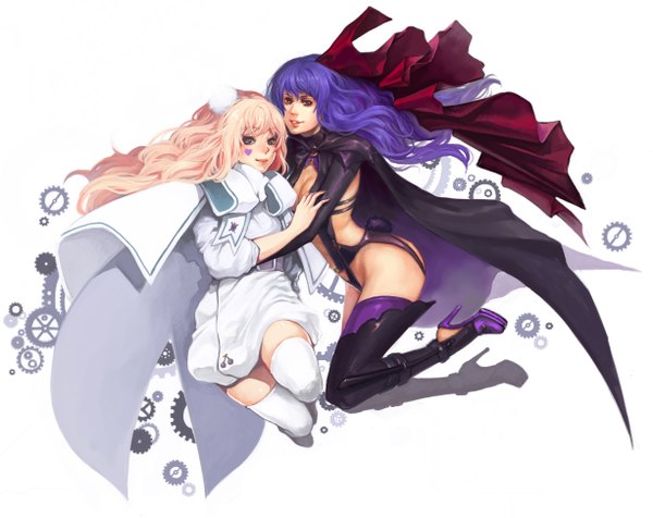 Anime picture 1225x972 with macross macross frontier sheryl nome noa ikeda ippus long hair blue eyes light erotic simple background smile white background multiple girls pink hair cleavage purple hair high heels hug girl thighhighs hair ornament