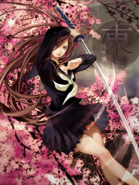 Anime picture 1500x2000 with original tamahagane gakuen touransai risu single tall image fringe brown hair very long hair pleated skirt arm up wind lips inscription grey eyes cherry blossoms hieroglyph revision attack girl skirt