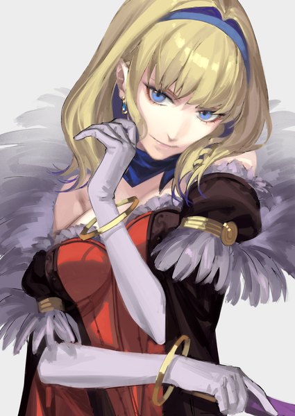 Anime picture 1451x2048 with fire emblem fire emblem: three houses fire emblem warriors: three hopes nintendo constance von nuvelle mik blamike single tall image looking at viewer fringe short hair blue eyes blonde hair smile standing blunt bangs head tilt girl gloves earrings