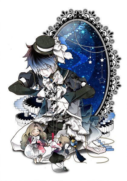 Anime picture 1224x1753 with vocaloid kaito (vocaloid) bridget00747 single tall image short hair smile brown hair white background sitting blue hair night sky dress boy bow hat jewelry mirror doll (dolls)