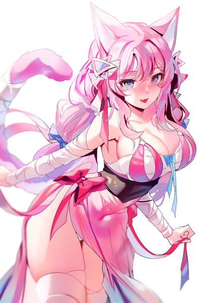 Anime picture 1500x2276 with original zerocat single long hair tall image looking at viewer fringe breasts blue eyes light erotic simple background large breasts white background animal ears pink hair cleavage tail animal tail cat ears cat girl