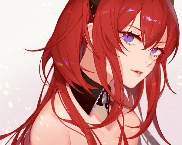 Anime picture 3937x3149 with arknights surtr (arknights) jesse (pixiv34586727) single long hair looking at viewer fringe highres simple background hair between eyes purple eyes bare shoulders absurdres upper body red hair parted lips light smile pointy ears gradient background portrait