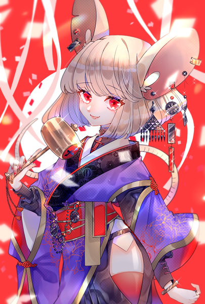Anime picture 1181x1748 with original chilcy single tall image fringe short hair smile red eyes animal ears silver hair tail nail polish traditional clothes japanese clothes animal tail sparkle piercing ear piercing new year red nail polish