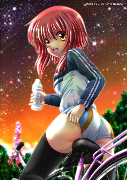 Anime picture 1158x1637 with original nagano sinya single tall image blush short hair open mouth signed red hair looking back orange eyes girl thighhighs black thighhighs jacket shorts star (stars) bottle ground vehicle white shorts