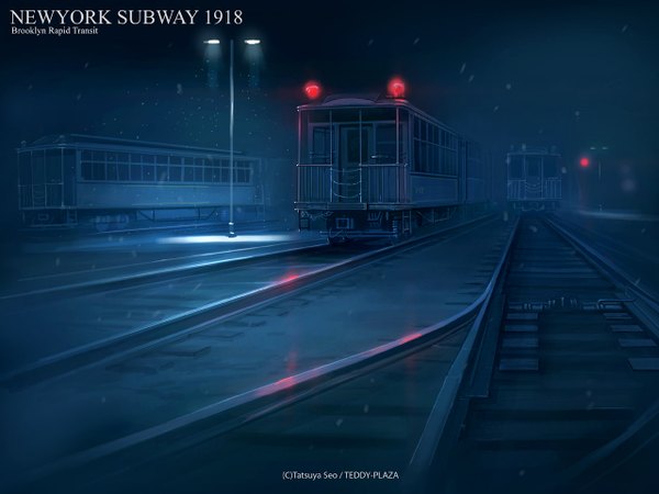 Anime picture 1280x960 with original seo tatsuya signed night text watermark light snowing reflection winter no people train lamppost railroad tracks new york