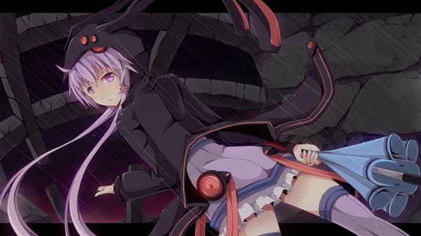 Anime picture 1920x1080 with vocaloid yuzuki yukari yuki kasa (artist) long hair highres open mouth wide image purple eyes twintails purple hair looking back bunny ears low twintails back rain closed umbrella girl thighhighs dress hood
