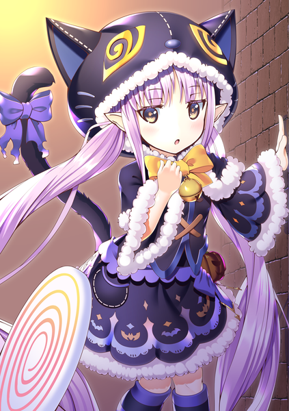 Anime picture 2039x2895 with princess connect! re:dive princess connect! kyouka (princess connect!) hazakura shoha single tall image looking at viewer highres open mouth yellow eyes payot purple hair tail animal tail pointy ears :o cat tail loli halloween animal hood