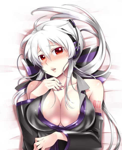 Anime picture 1280x1564 with vocaloid yowane haku caffein single long hair tall image blush breasts light erotic red eyes silver hair tears girl detached sleeves headphones