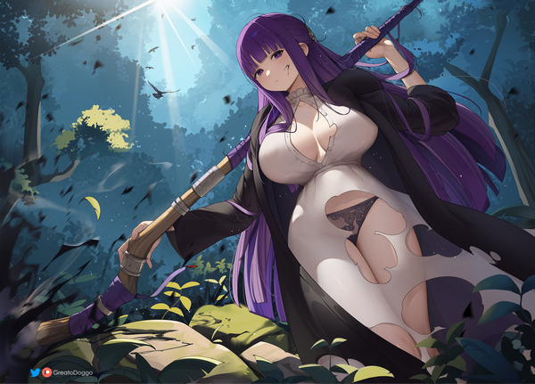 Anime picture 2199x1581 with sousou no frieren fern (sousou no frieren) greatodoggo single long hair looking at viewer fringe highres breasts light erotic large breasts standing purple eyes holding signed cleavage purple hair outdoors blunt bangs arm up