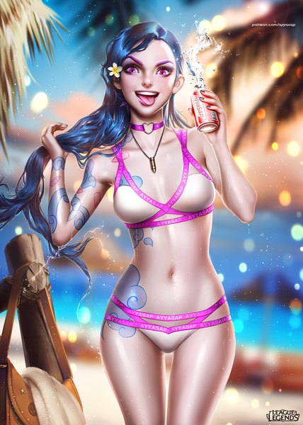 Anime picture 3000x4200 with league of legends jinx (league of legends) ayyasap single long hair tall image looking at viewer blush highres breasts open mouth light erotic smile standing purple eyes holding signed blue hair outdoors nail polish